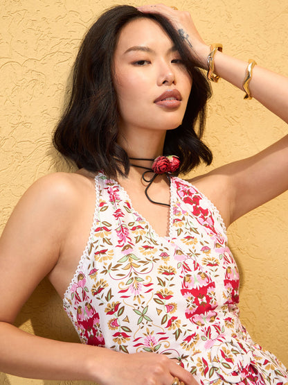 Women's Pink & White Floral Halter Neck Short Dre