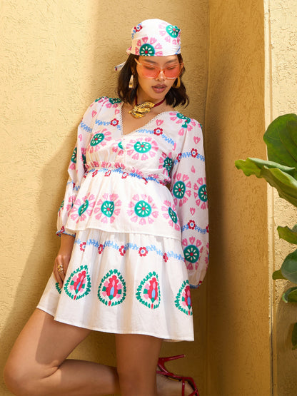 Women's White Floral Wrap Neck Short Dre