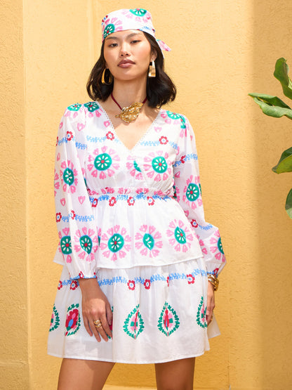 Women's White Floral Wrap Neck Short Dre