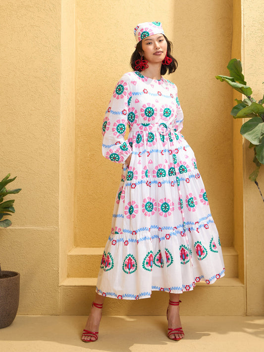 Women's White Floral Round Neck Maxi Dre