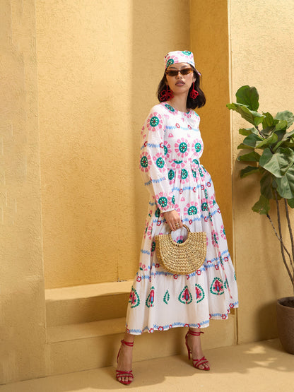 Women's White Floral Round Neck Maxi Dre