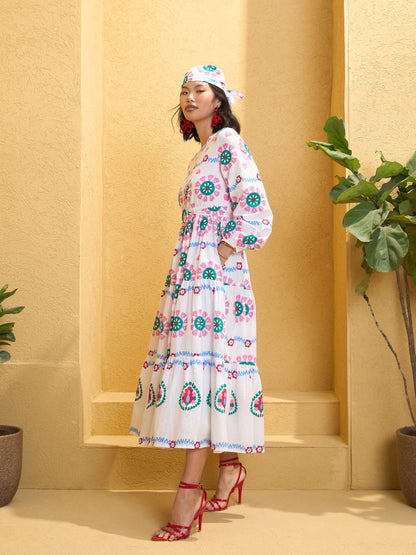 Women's White Floral Round Neck Maxi Dre