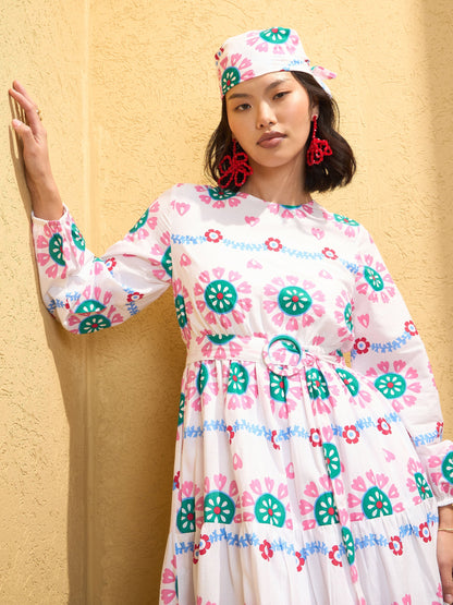 Women's White Floral Round Neck Maxi Dre
