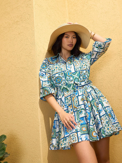 Women's Blue & White Floral Flared Short Belt Shirt Dre