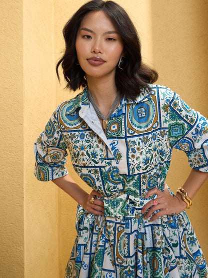 Women's Blue & White Floral Flared Short Belt Shirt Dre