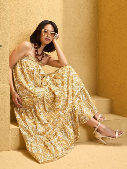 Women's Yellow Floral Strappy Smocked Maxi Dre