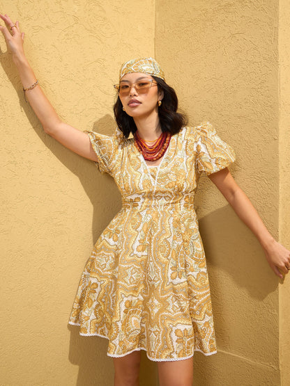 Women's Yellow Floral V-Neck Short Dre