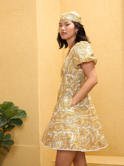 Women's Yellow Floral V-Neck Short Dre