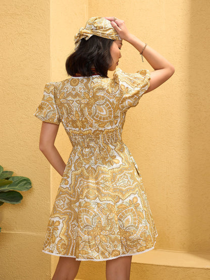 Women's Yellow Floral V-Neck Short Dre