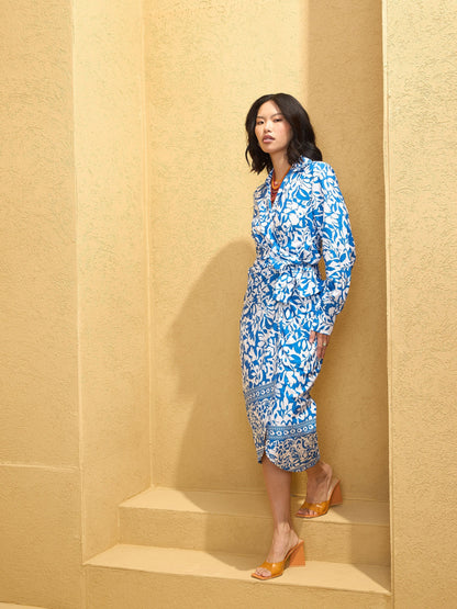 Women's Blue & White Side Knot Wrap Midi Dre