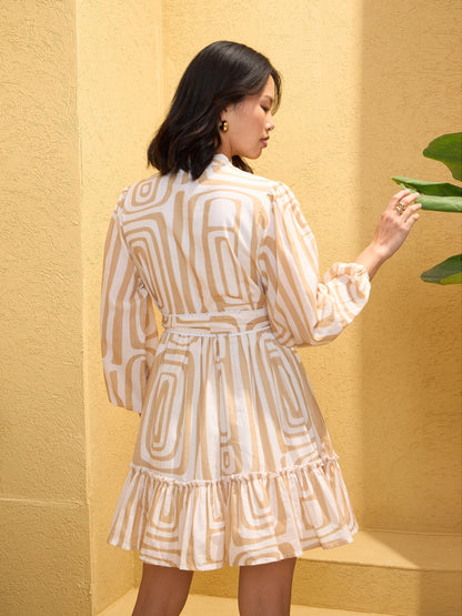Women's Beige & White Geometric Short Shirt Dre