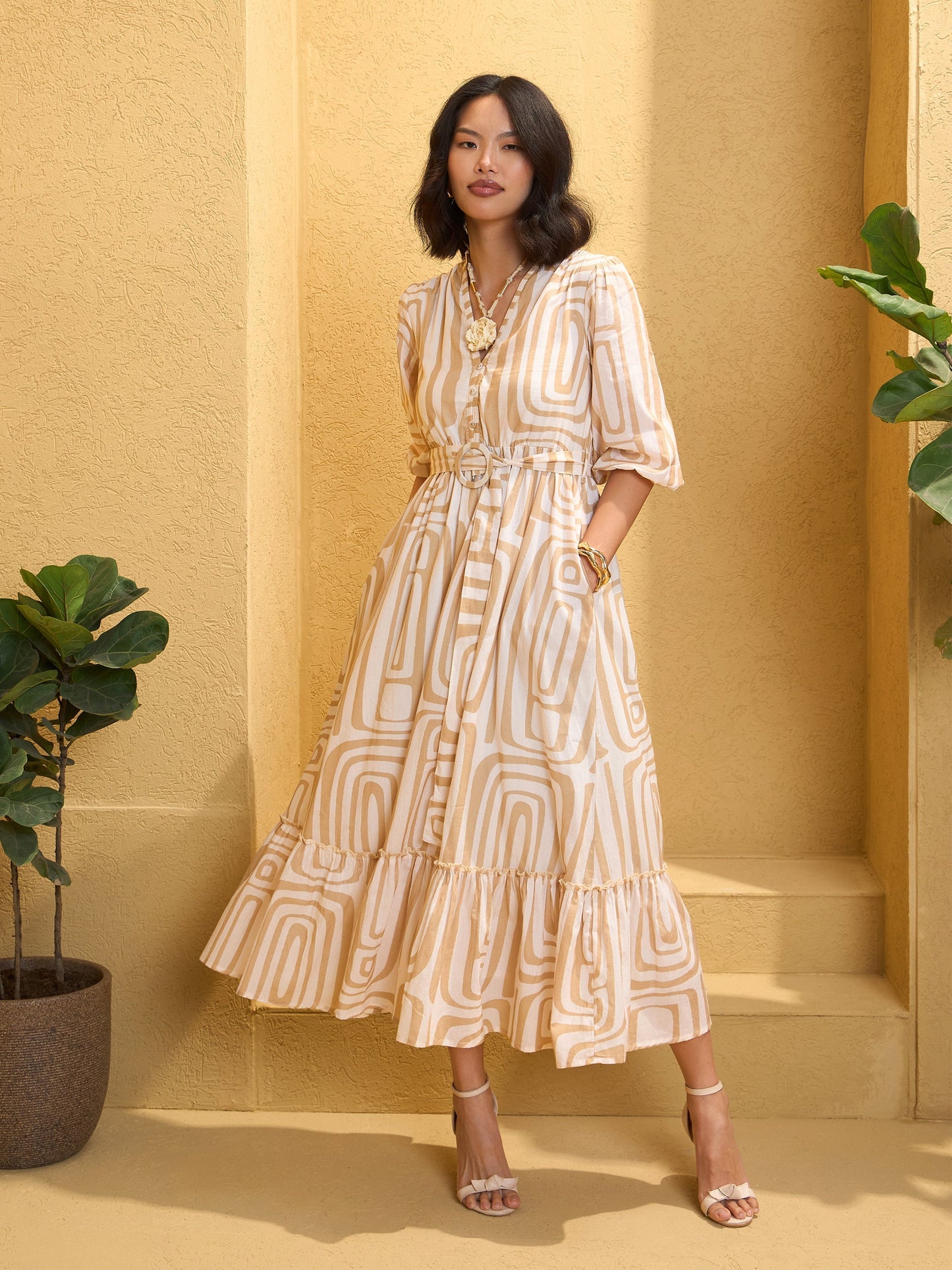 Women's Beige & White Geometric V-Neck Belted Maxi Dre