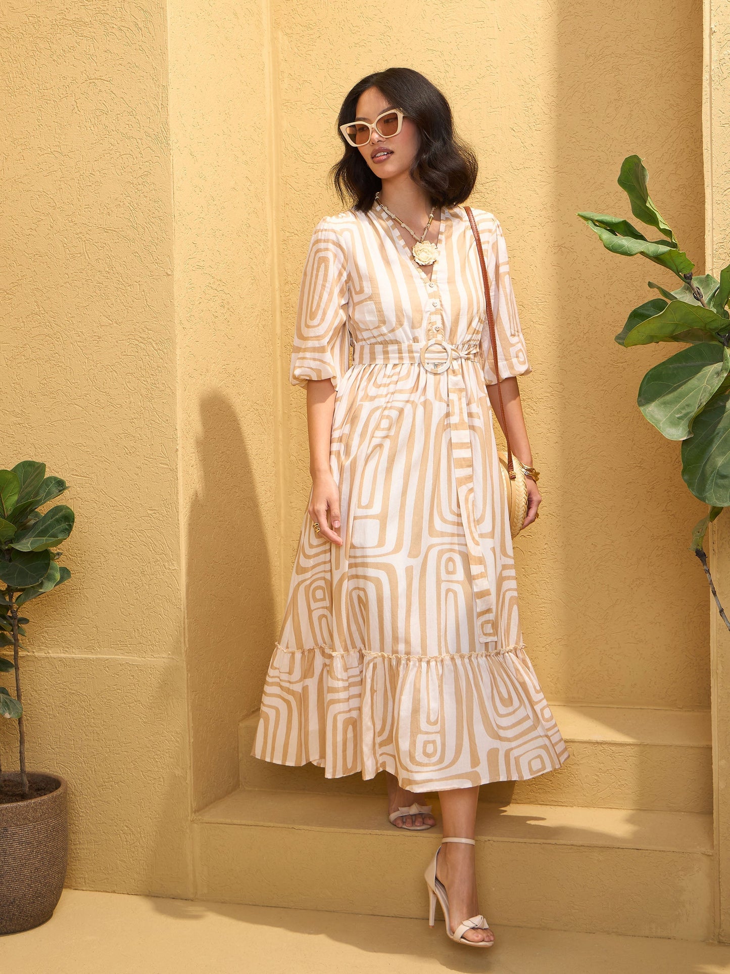 Women's Beige & White Geometric V-Neck Belted Maxi Dre