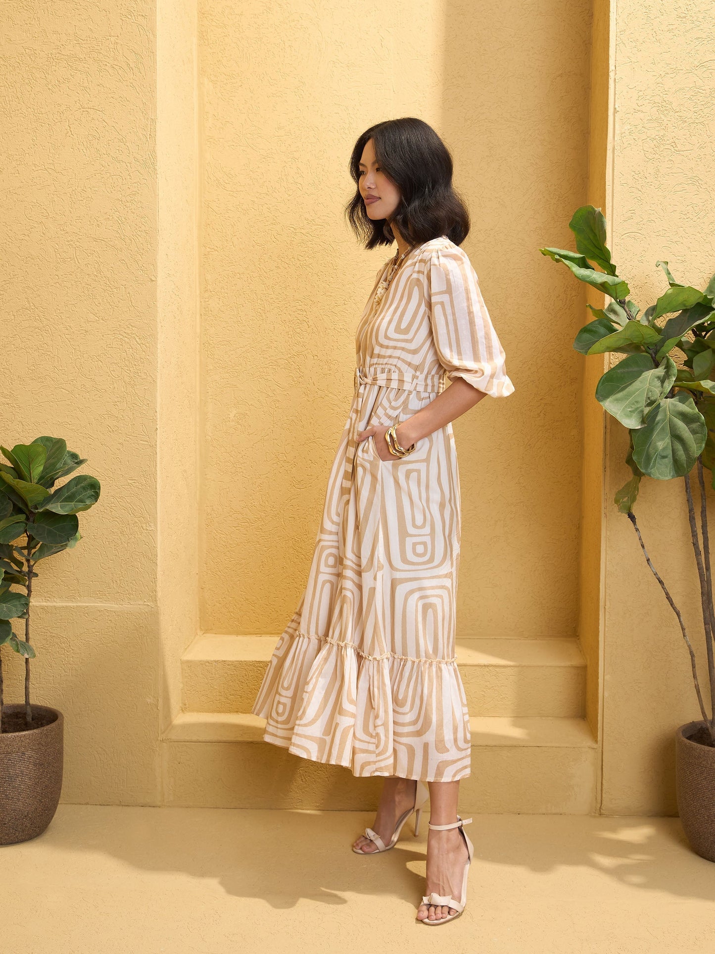 Women's Beige & White Geometric V-Neck Belted Maxi Dre