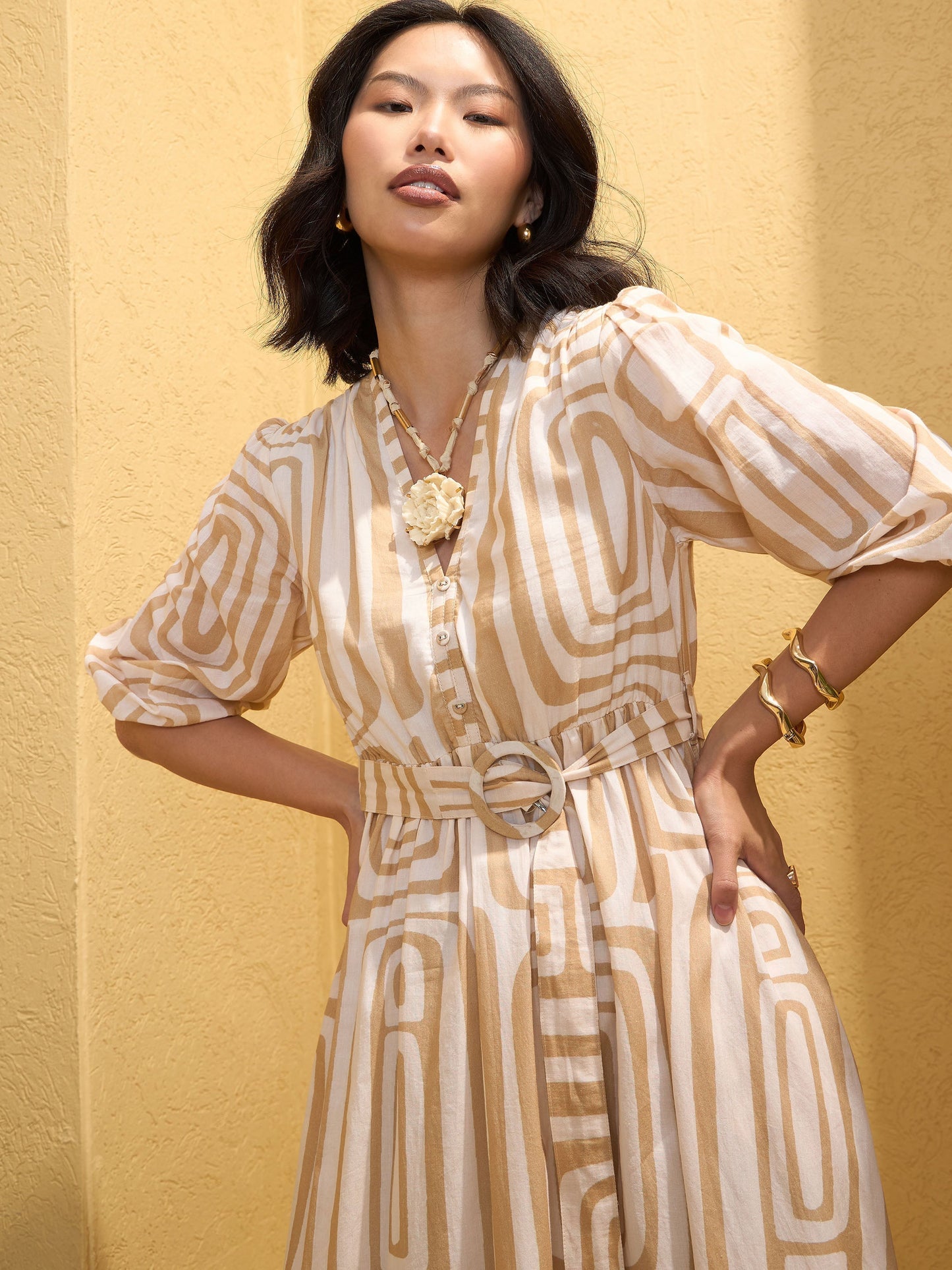 Women's Beige & White Geometric V-Neck Belted Maxi Dre