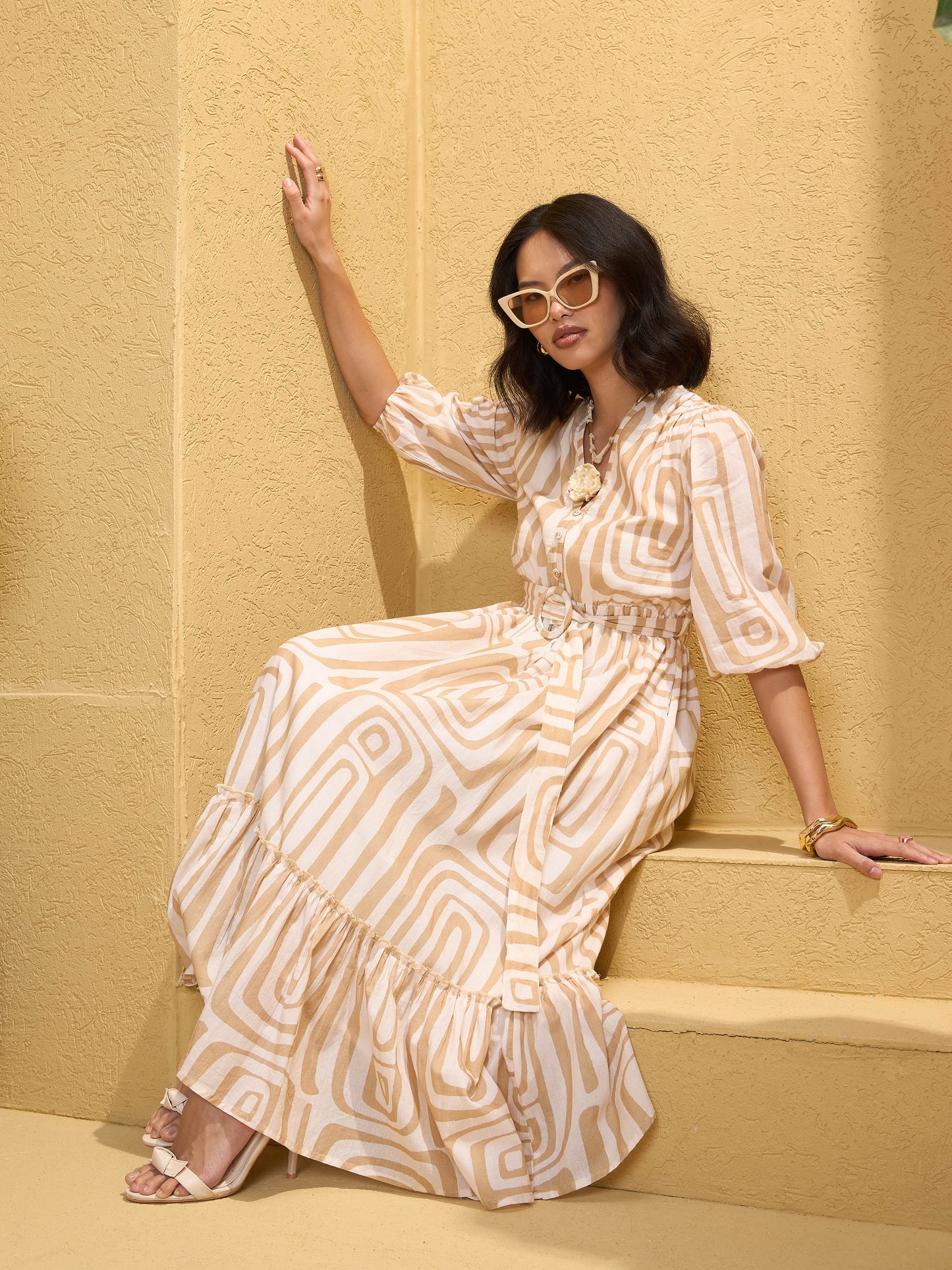 Women's Beige & White Geometric V-Neck Belted Maxi Dre