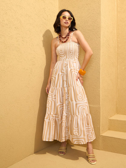 Women's Beige & White Smocked Strappy Maxi Dre