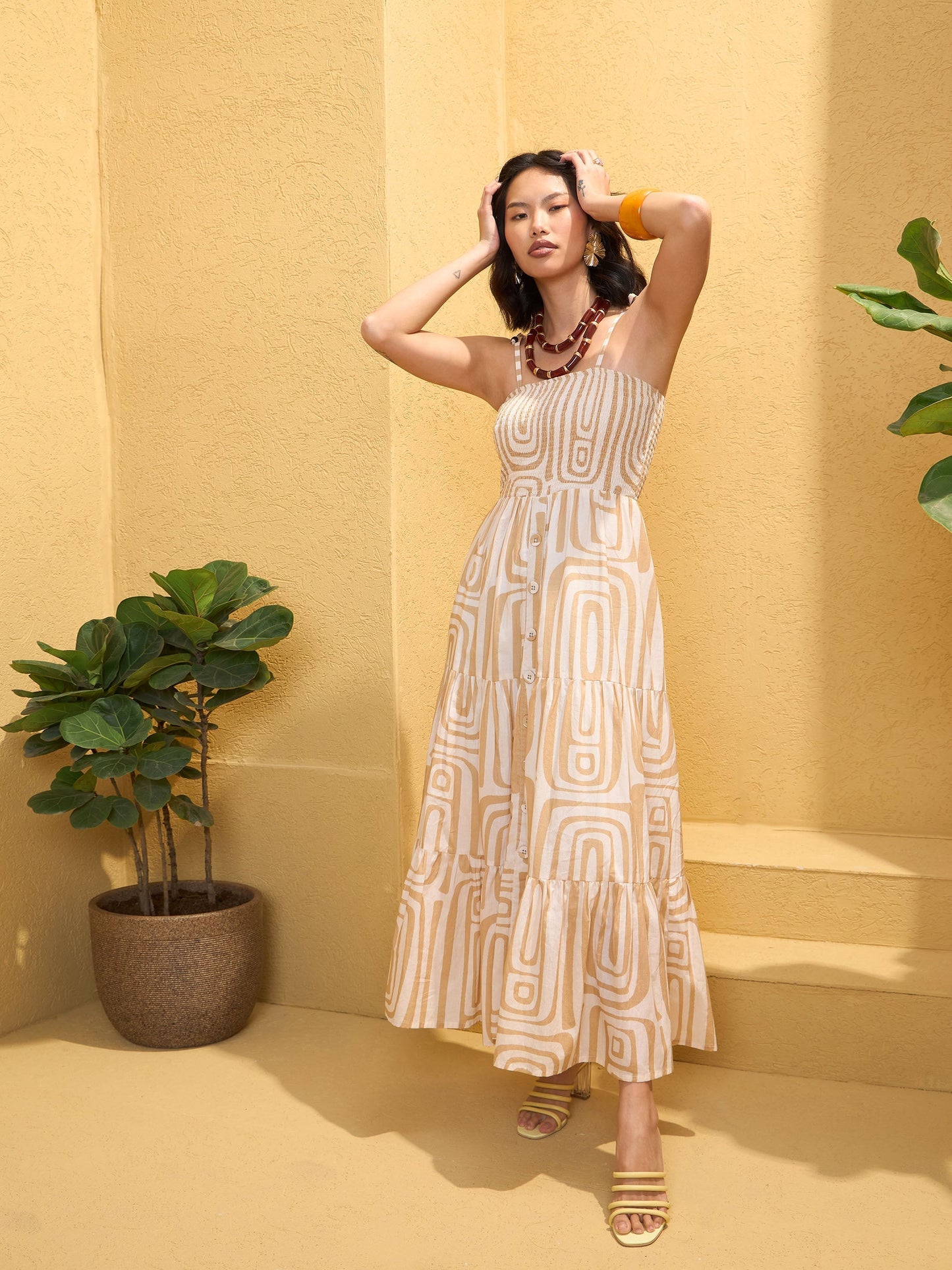 Women's Beige & White Smocked Strappy Maxi Dre