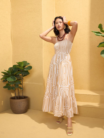 Women's Beige & White Smocked Strappy Maxi Dre