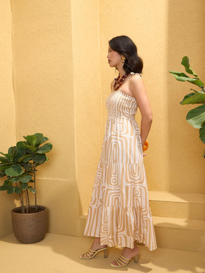 Women's Beige & White Smocked Strappy Maxi Dre