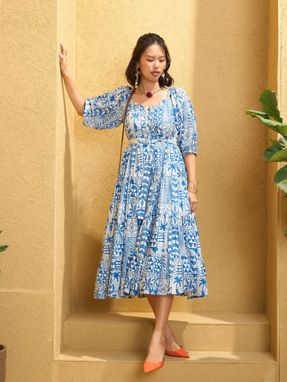 Women's Blue & White Floral Flared Midi Dre