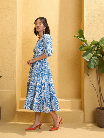 Women's Blue & White Floral Flared Midi Dre