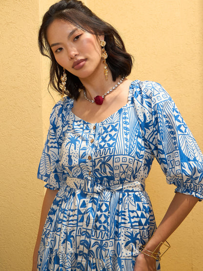 Women's Blue & White Floral Flared Midi Dre