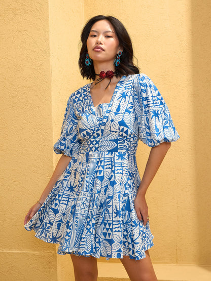 Women's Blue & White Floral Smocked Short Flared Dre