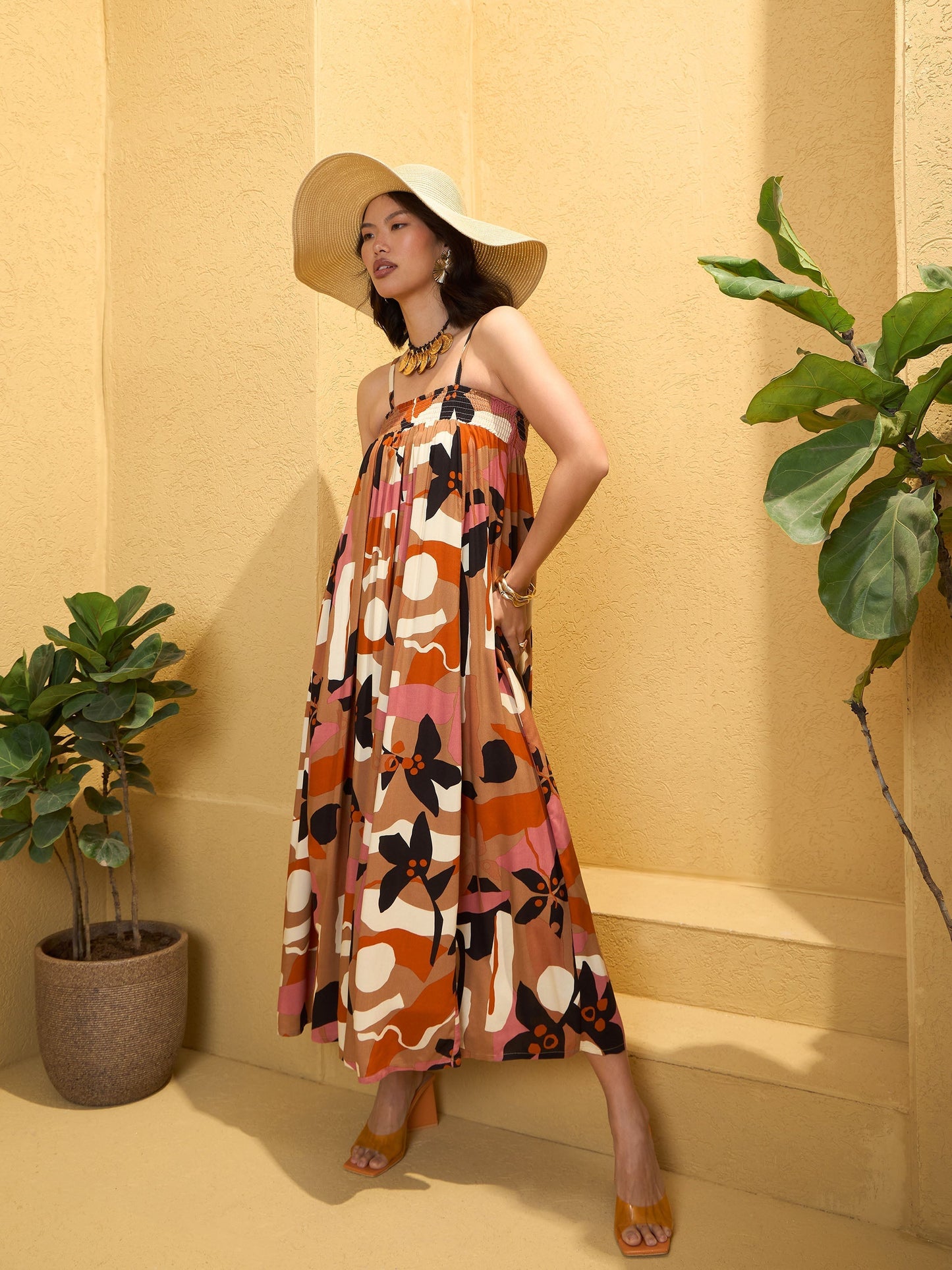 Women's Brown Multi Floral Strappy Maxi Dre