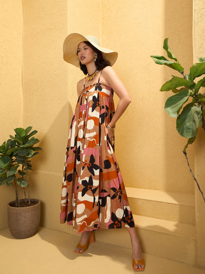 Women's Brown Multi Floral Strappy Maxi Dre