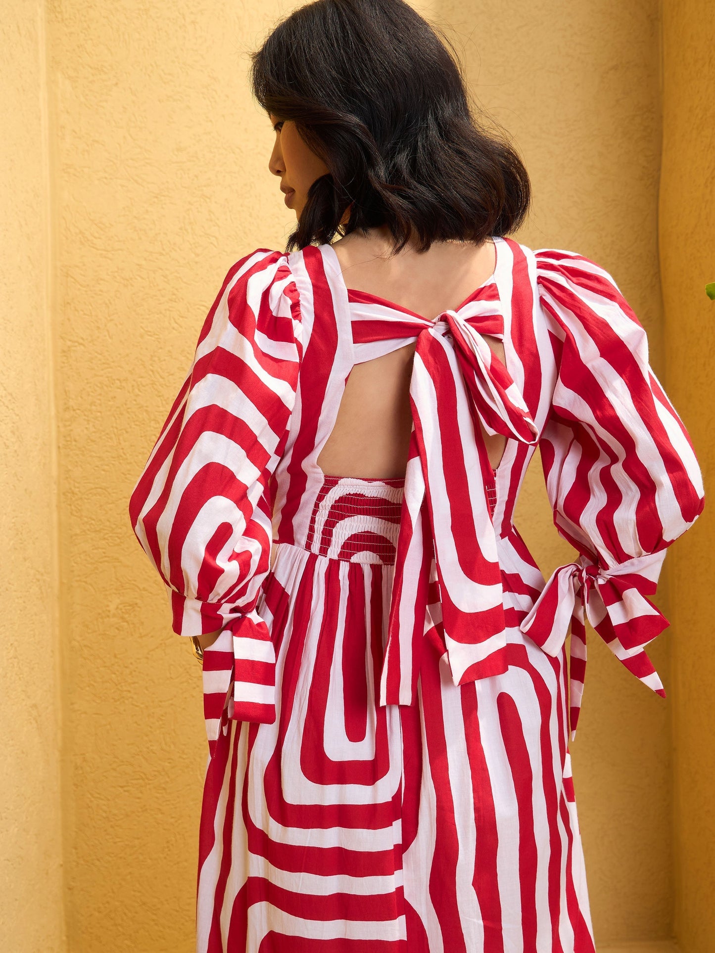 Women's Red & White Back Cut-out Knot Maxi Dre