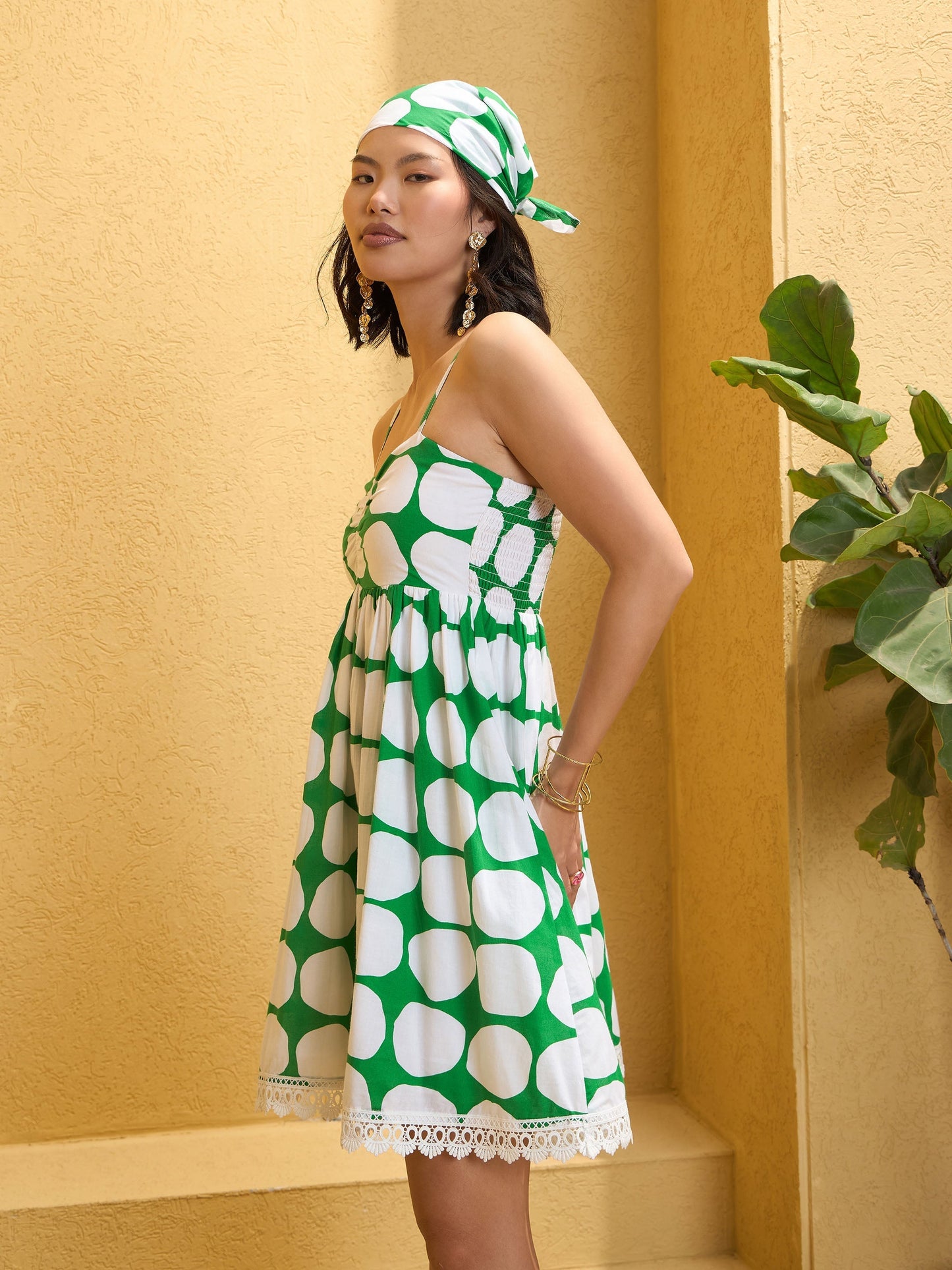 Women's Green Polka Dot Strappy Short Dre