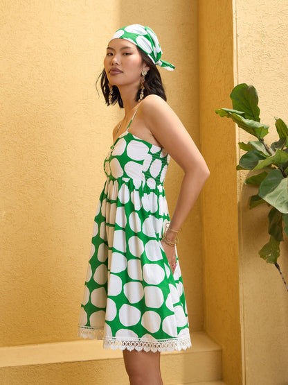 Women's Green Polka Dot Strappy Short Dre