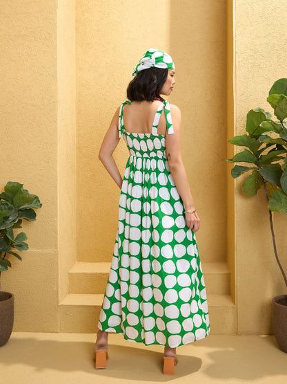 Women's Green Polka Dot Shoulder Knot Maxi Dre
