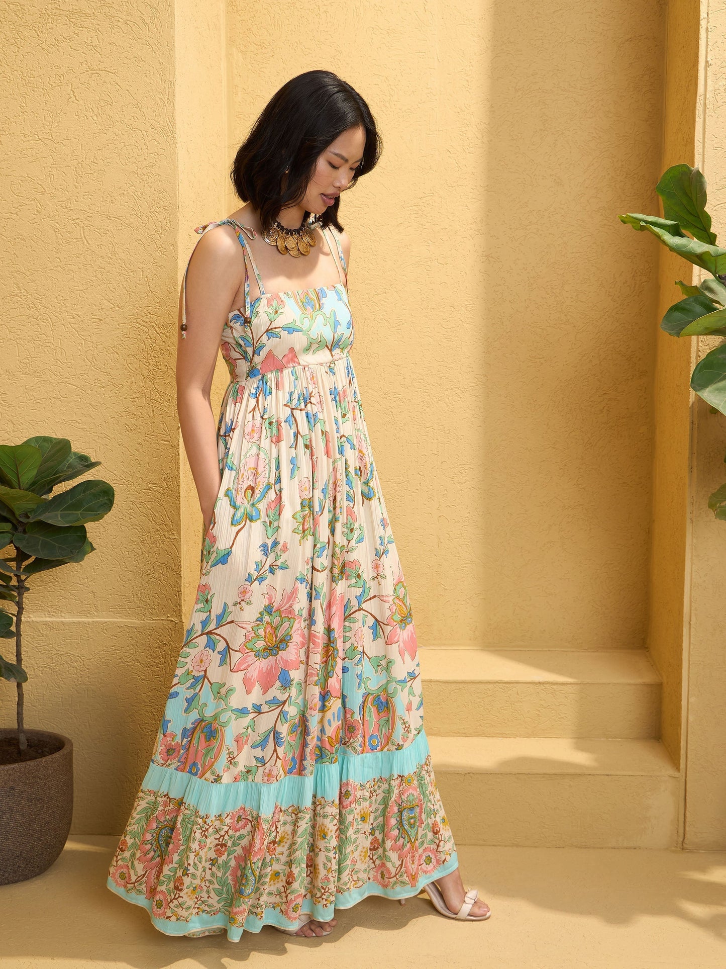 Women's Beige Floral Strappy Tie-up Maxi Dre