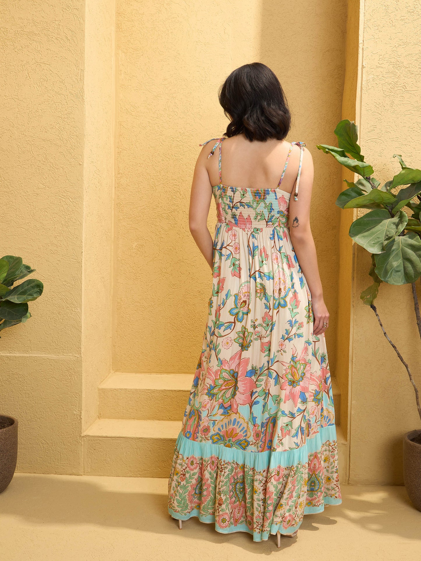 Women's Beige Floral Strappy Tie-up Maxi Dre