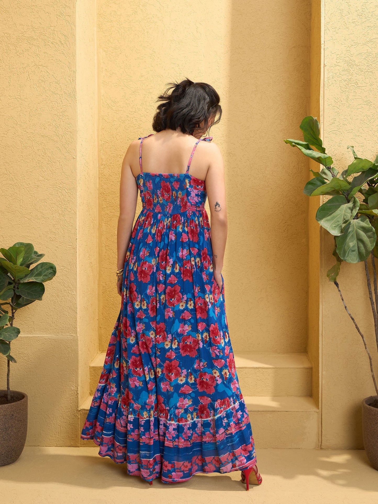 Women's Navy Blue Floral Strappy Tie-up Maxi Dre