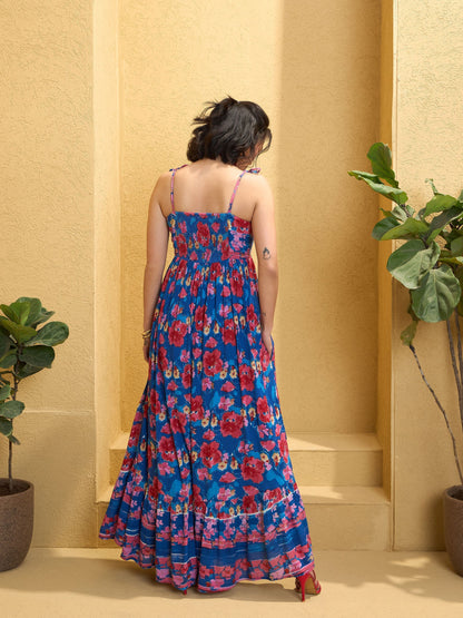 Women's Navy Blue Floral Strappy Tie-up Maxi Dre