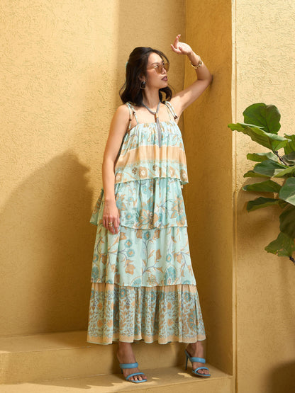 Women's Turquoise Blue Frill Strappy Tie-up Tiered Maxi Dre