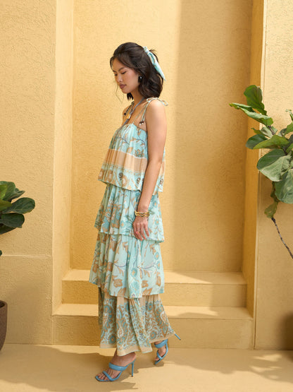 Women's Turquoise Blue Frill Strappy Tie-up Tiered Maxi Dre