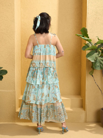Women's Turquoise Blue Frill Strappy Tie-up Tiered Maxi Dre