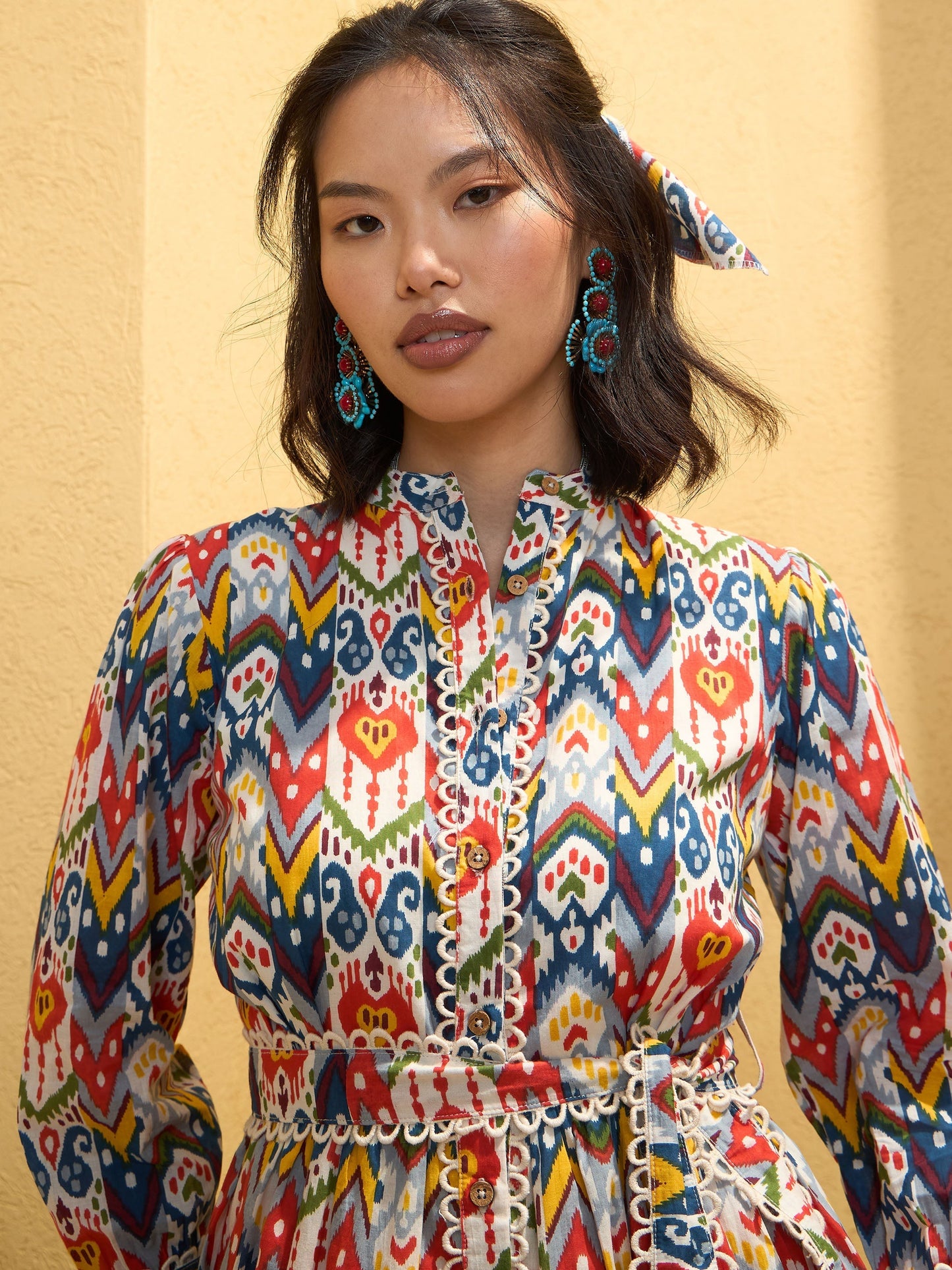Women's White Multi Ikat Short Shirt Dre