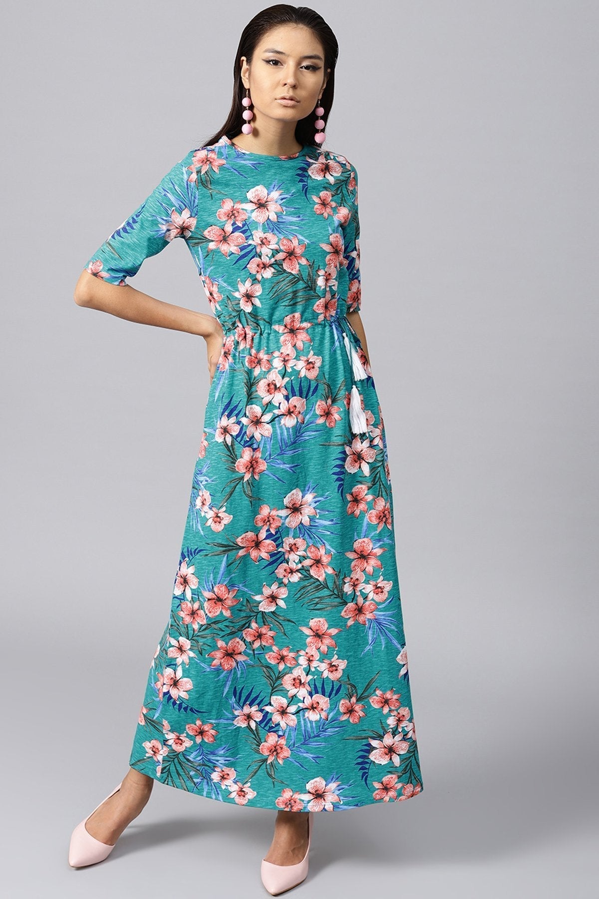 Women's Turquoise Tropical Drawstring Maxi
