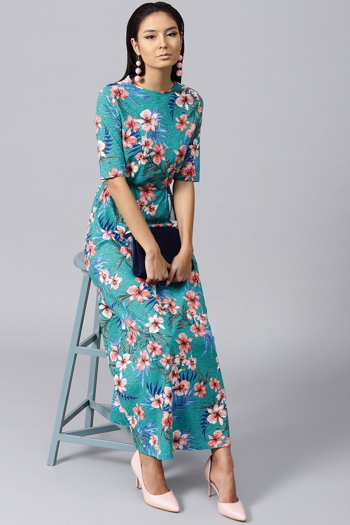 Women's Turquoise Tropical Drawstring Maxi