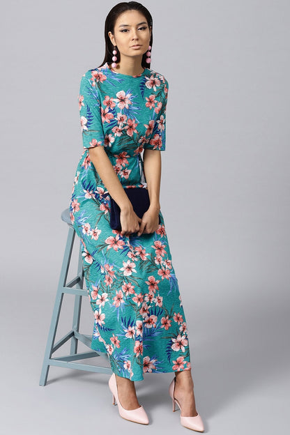 Women's Turquoise Tropical Drawstring Maxi