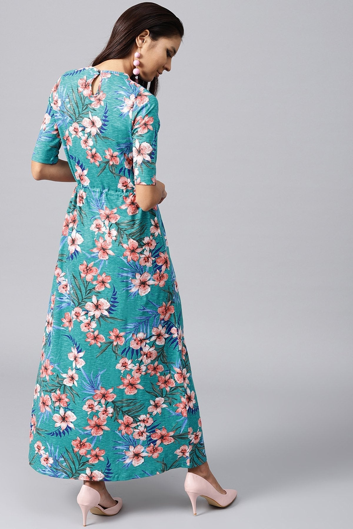 Women's Turquoise Tropical Drawstring Maxi