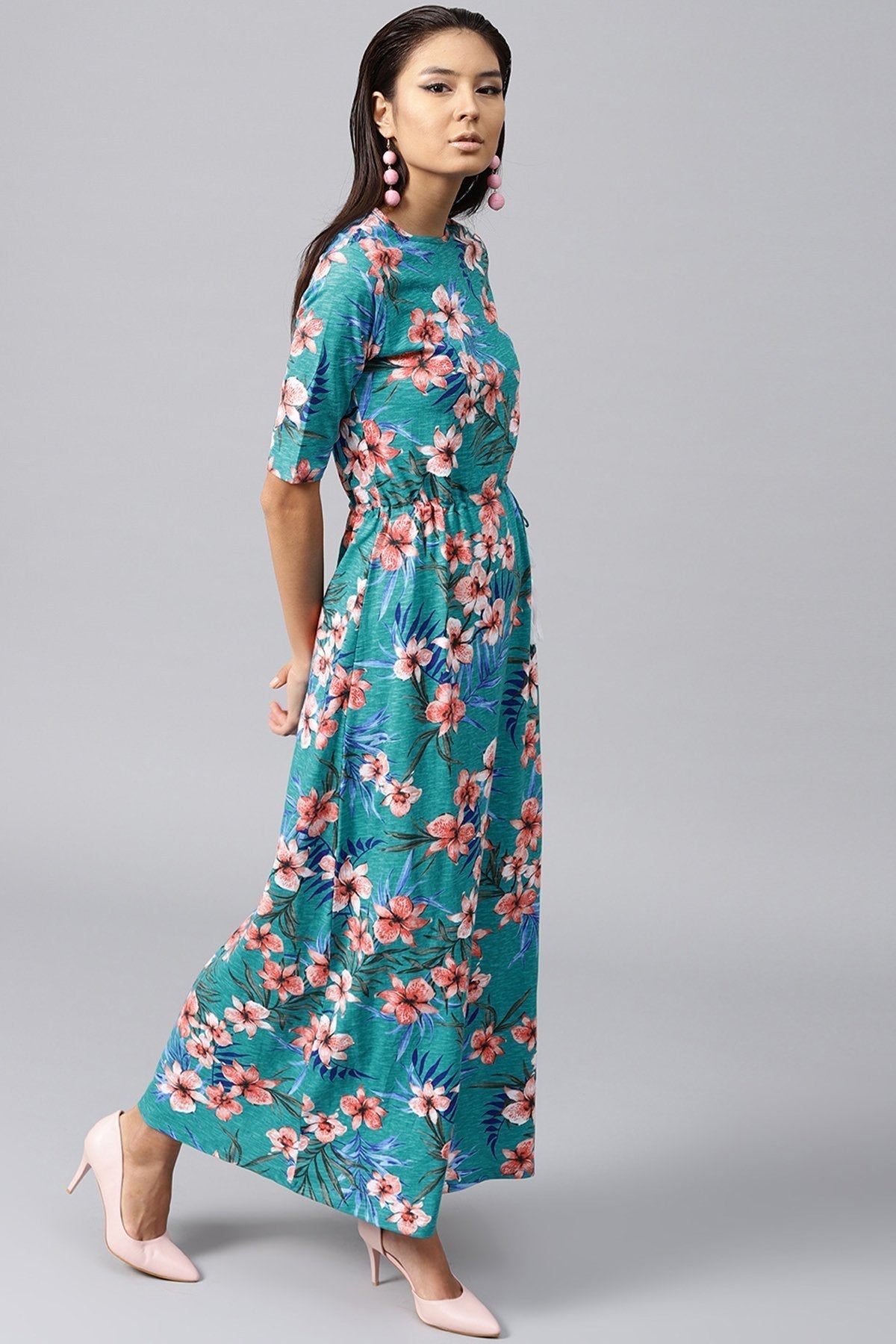 Women's Turquoise Tropical Drawstring Maxi