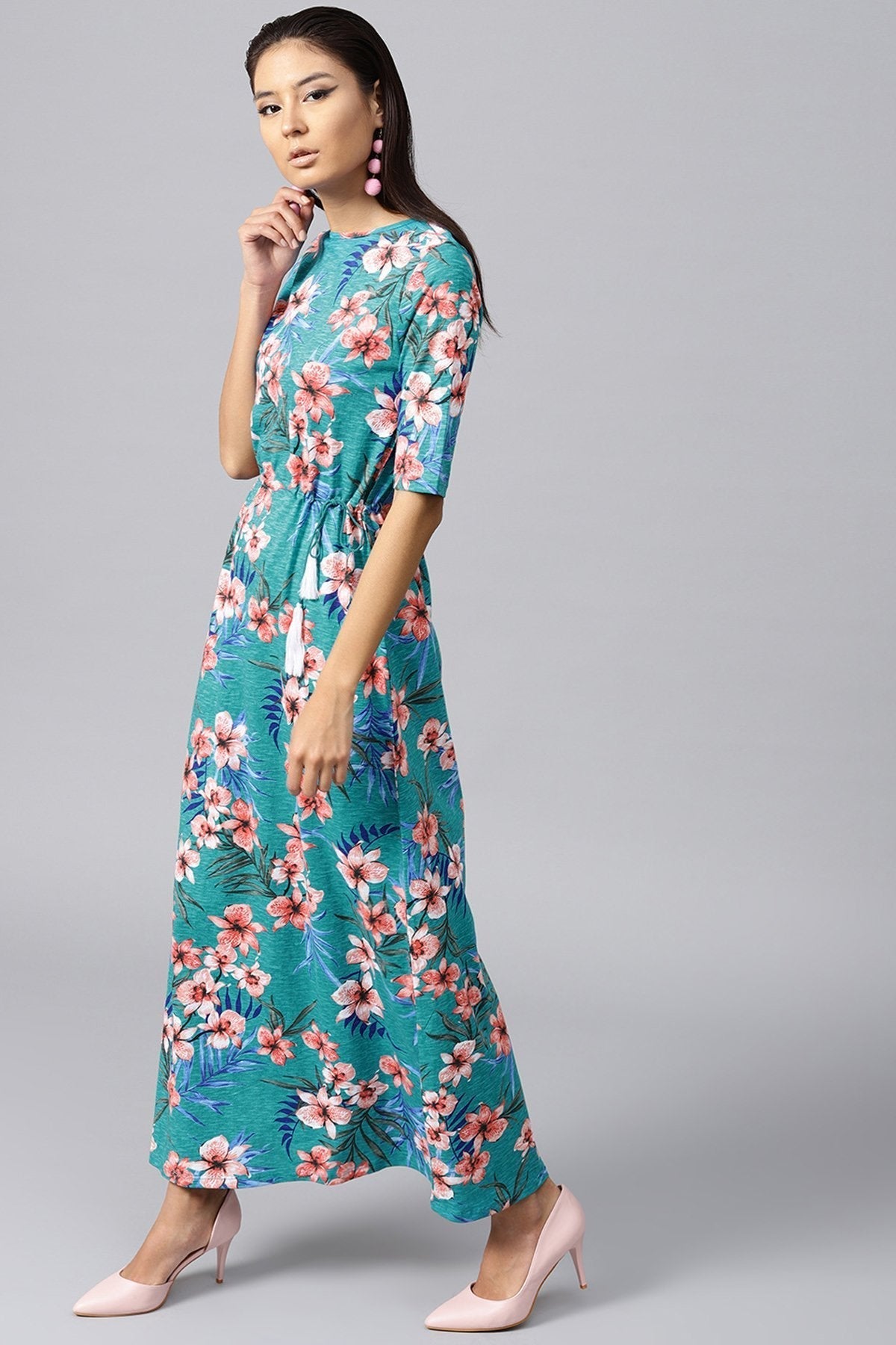 Women's Turquoise Tropical Drawstring Maxi