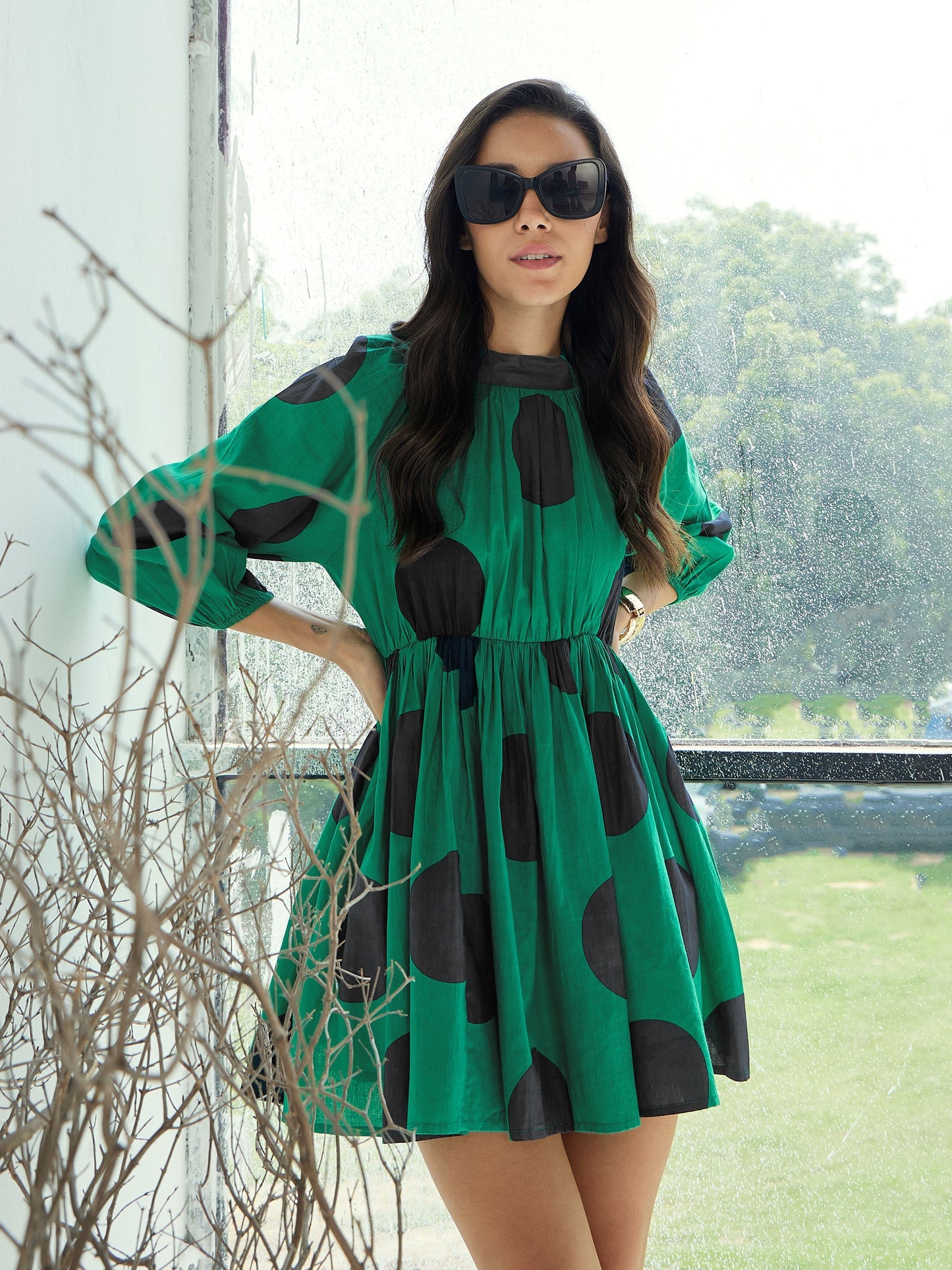 Women's Green Back Cut-Out Polka Dot Dre