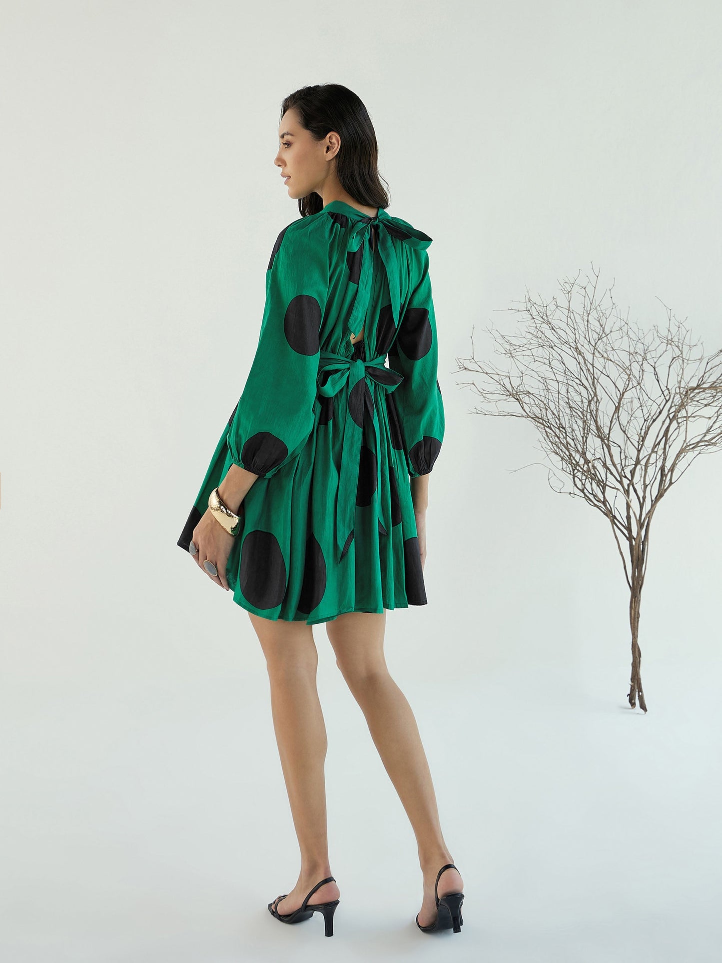Women's Green Back Cut-Out Polka Dot Dre